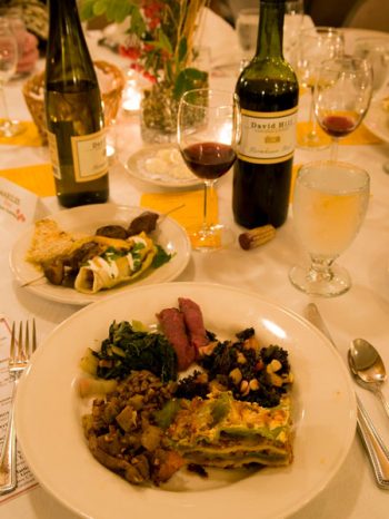dinner plate and wine at regenerative agriculture fundraiser dinner